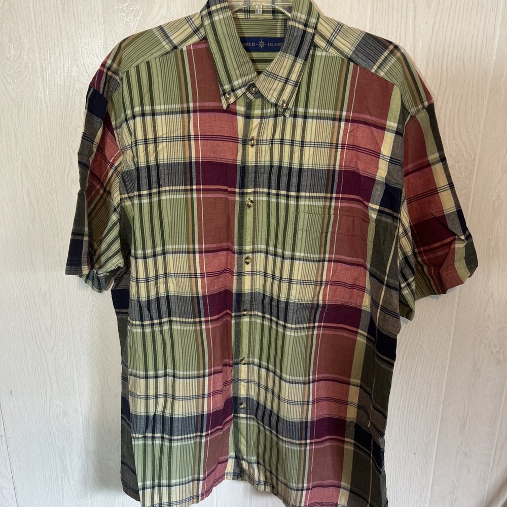 world island shirt XL Apple Green Red Plaid Button Done
